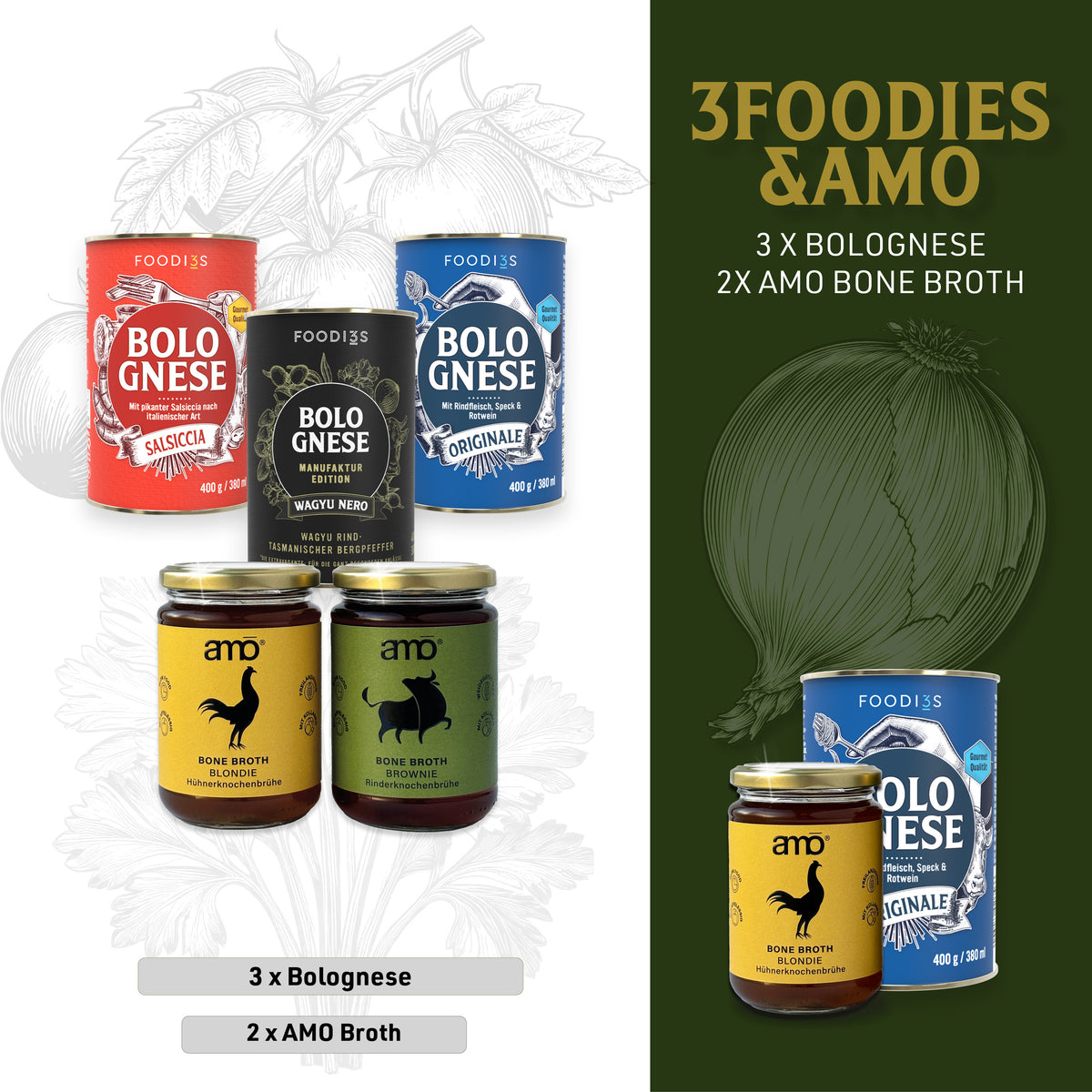 Tasting Box Foodies & Amo: three cans of Bolognese and two jars of Amo Bone Broth