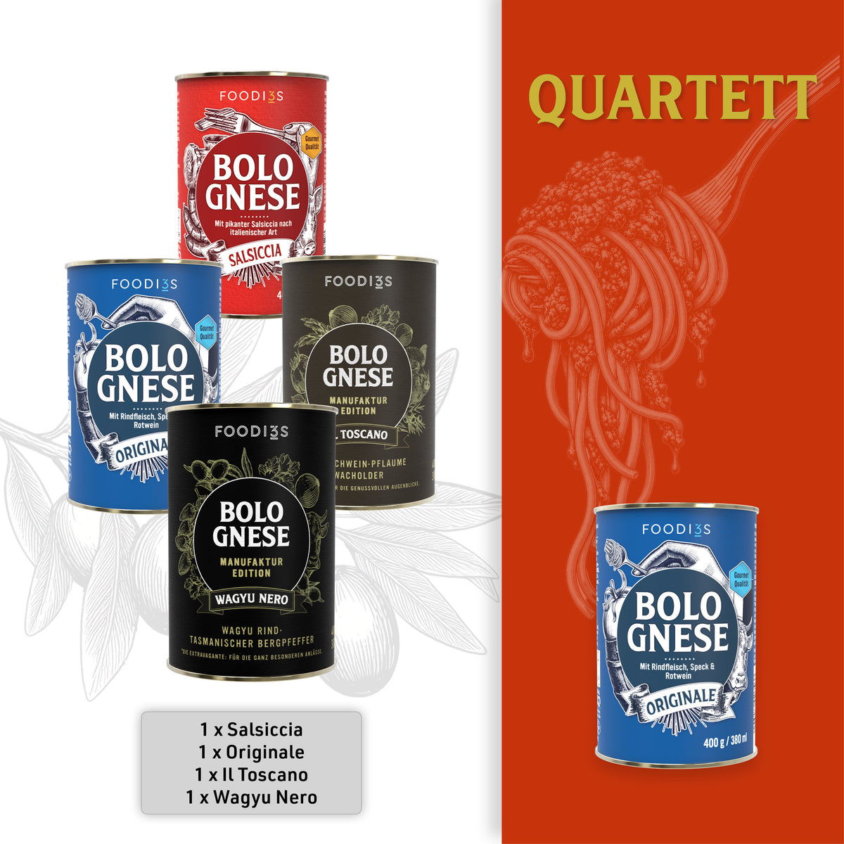 Tasting Box Quartett: one can each of Salsiccia, Originale, Il Toscano and Wagyu Nero