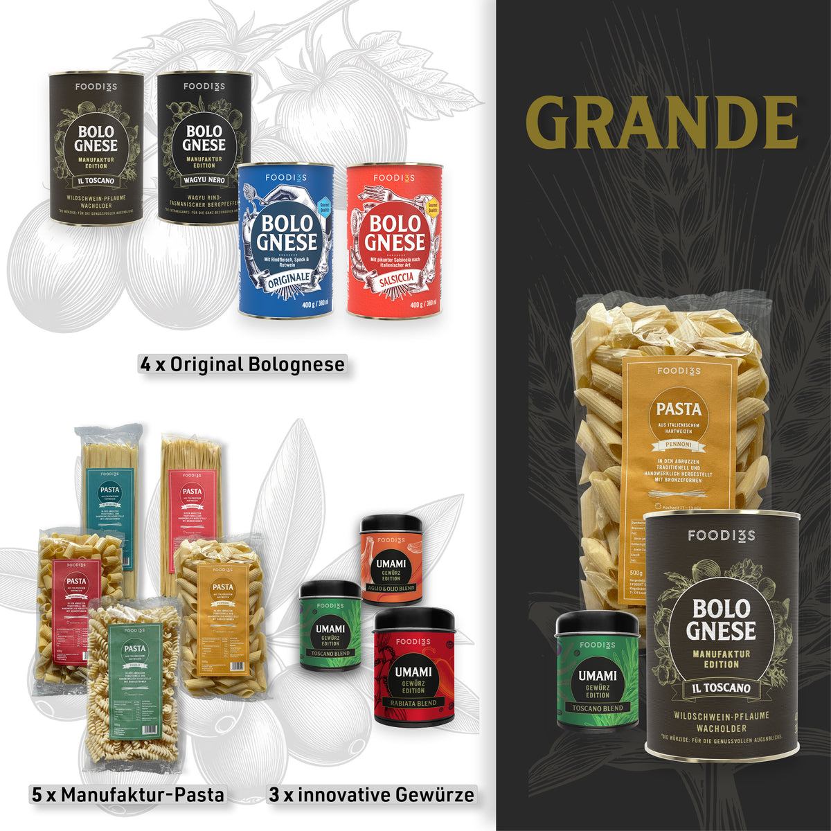 Tasting Box Grande: four cans of Bolognese, five packs of pasta and three Umami spice mixes