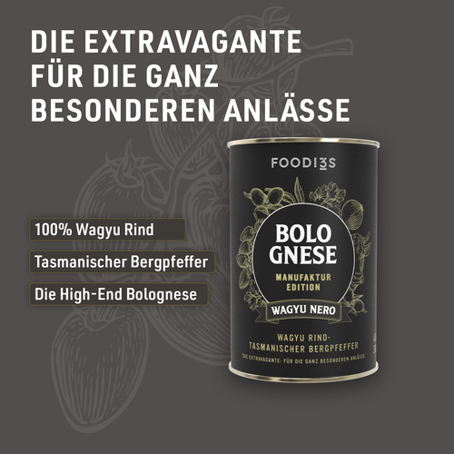 Can of Bolognese Wagyu Nero from the Manufaktur Edition against a dark grey background