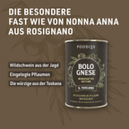 Can of Bolognese Il Toscano from the Manufaktur Edition against a brown background