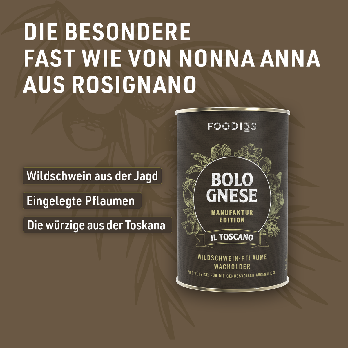 Can of Bolognese Il Toscano from the Manufaktur Edition against a brown background