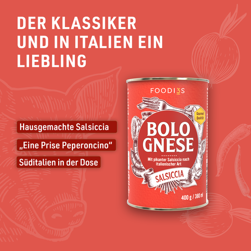 Can of Bolognese Salsiccia against a red background