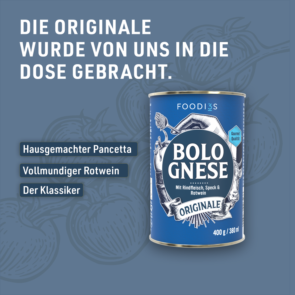 Can of Bolognese Originale against a blue background