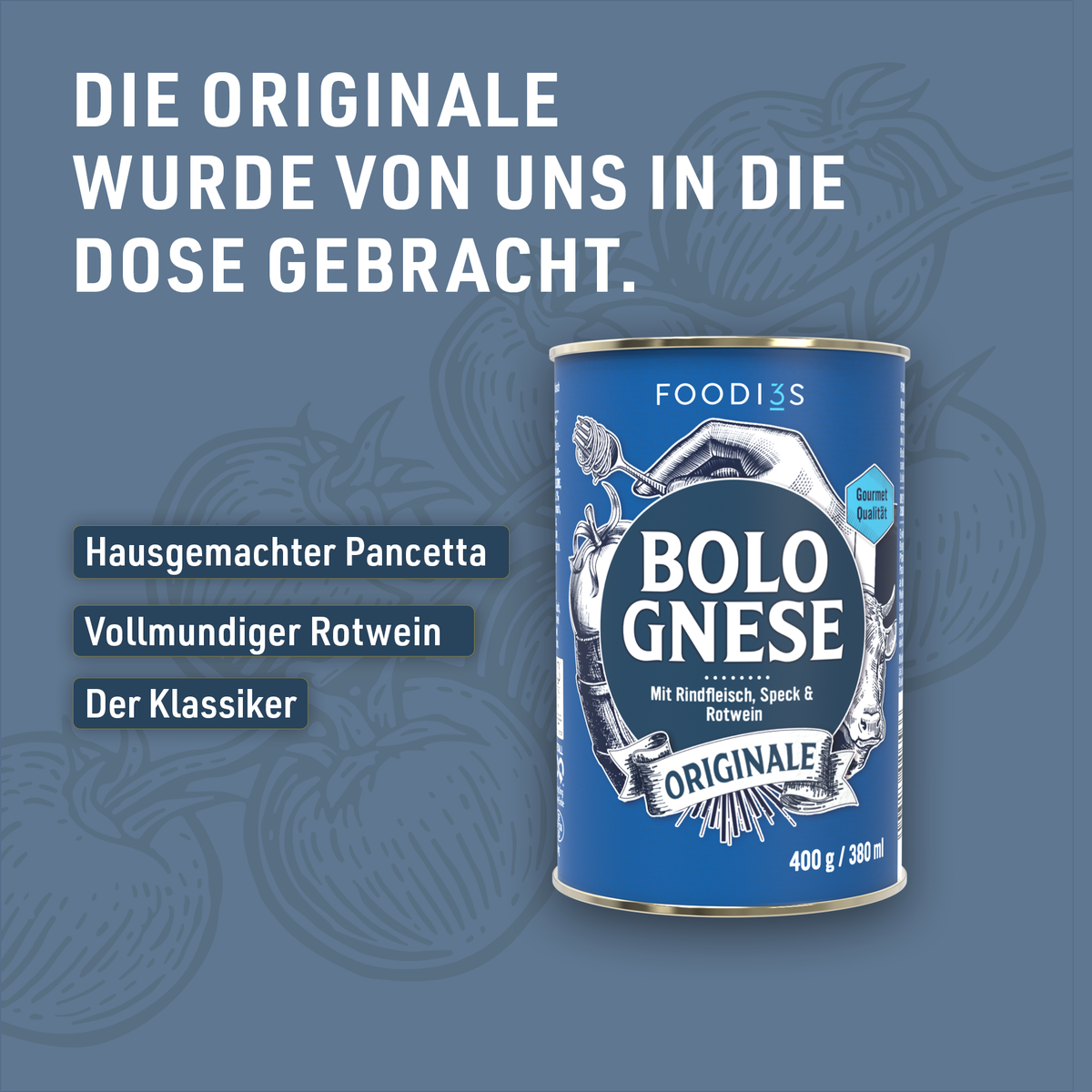 Can of Bolognese Originale against a blue background