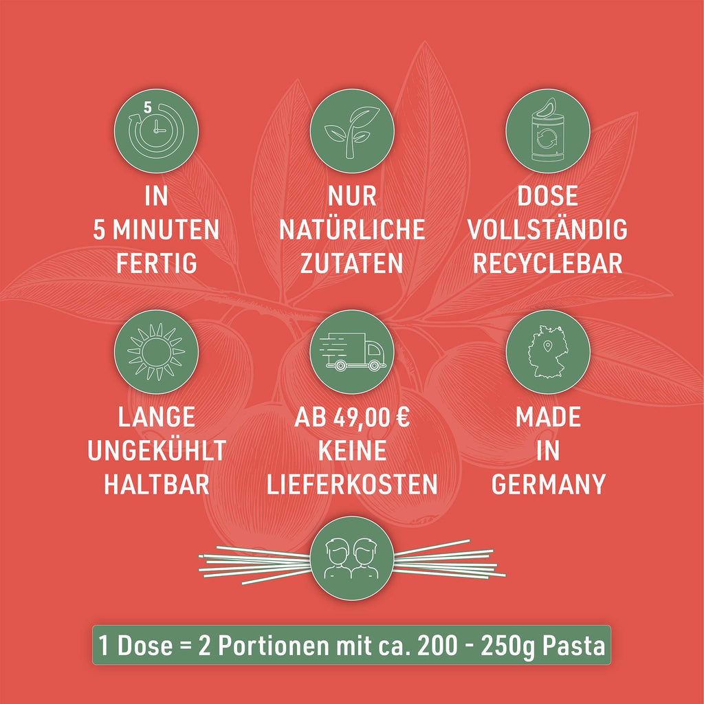 Six icons with key facts about Bolognese Salsiccia, plus: 1 can makes 2 servings with 200 to 250 g of pasta