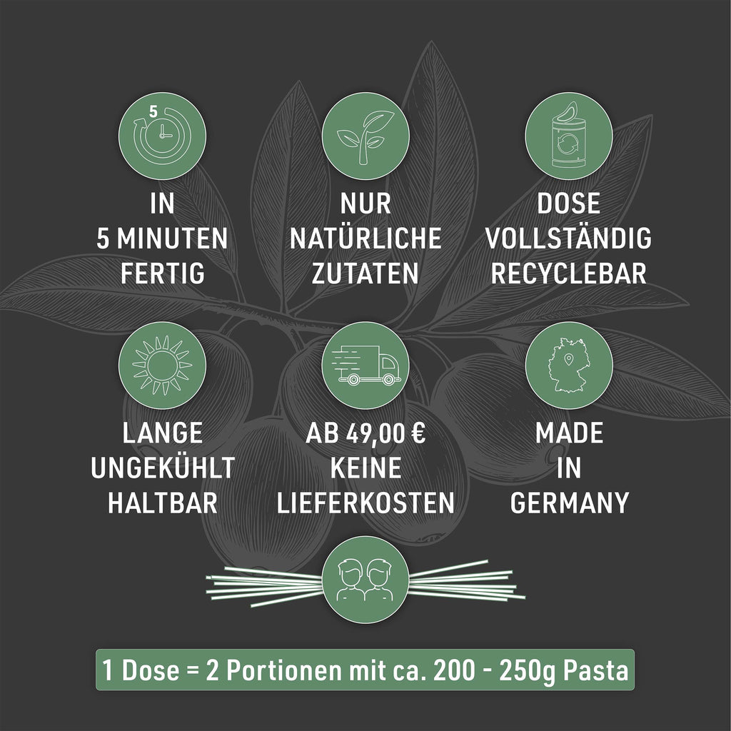 Six icons with key facts about Bolognese Wagyu Nero, plus: 1 can makes 2 servings with 200 to 250 g of pasta