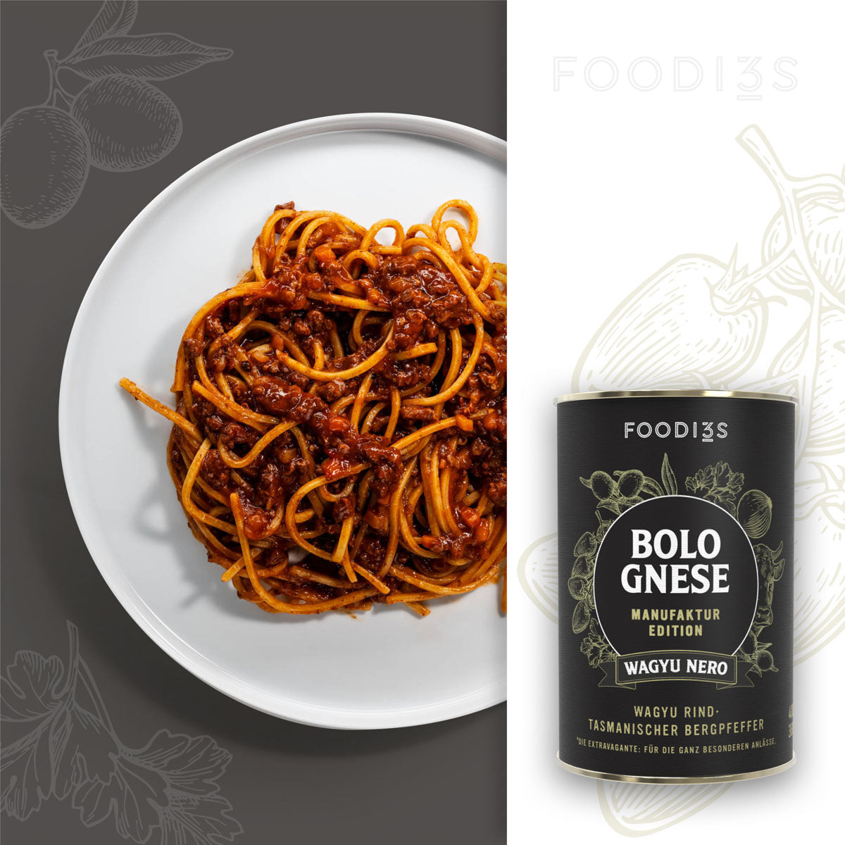 Bolognese Wagyu Nero: plate of long pasta with Bolognese, the black can beside it