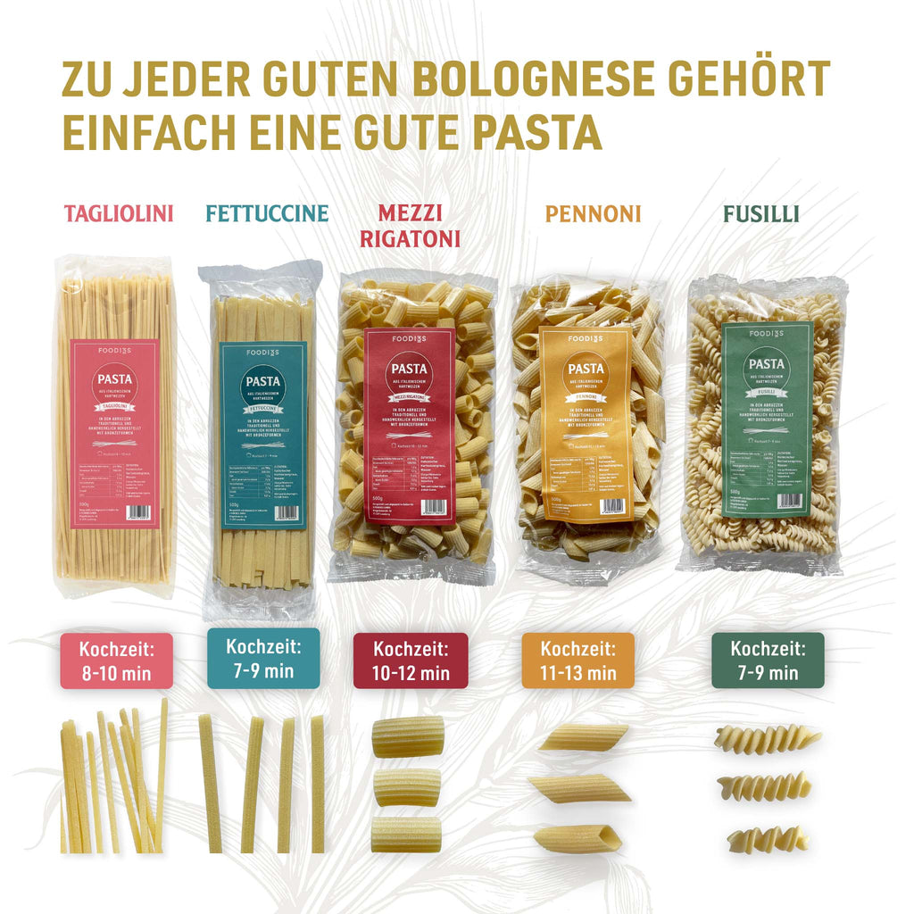 Five pasta shapes with their packs: Tagliolini, Fettuccine, Mezzi Rigatoni, Pennoni and Fusilli