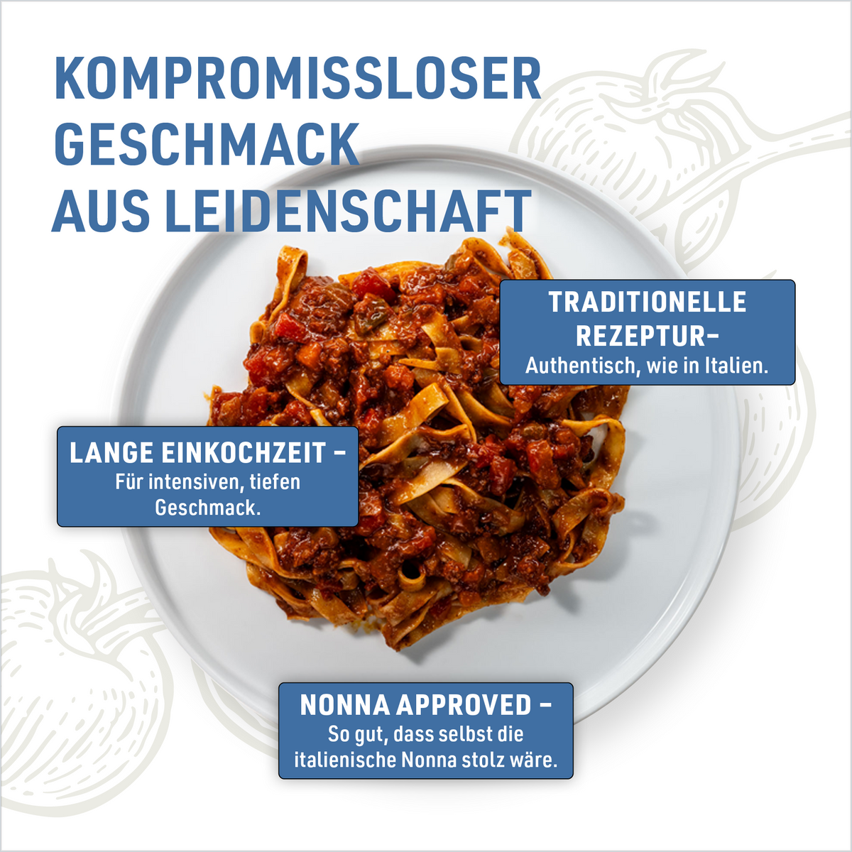 Plate of wide ribbon pasta with Bolognese, seen from above