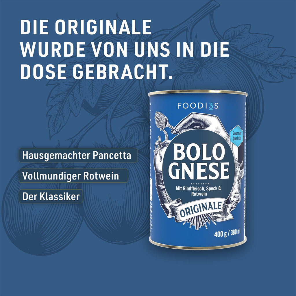 Can of Bolognese Originale against a blue background