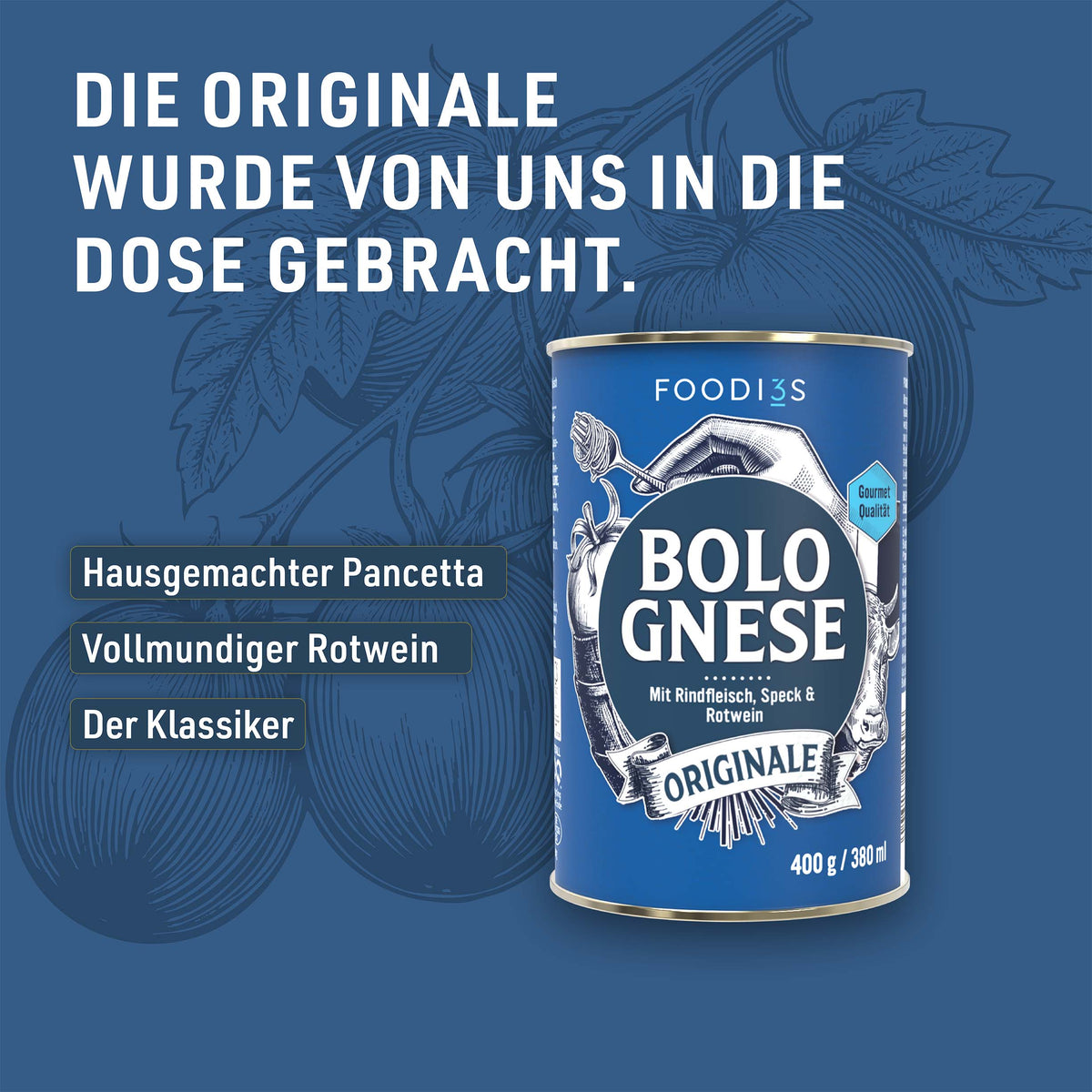 Can of Bolognese Originale against a blue background