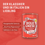 Can of Bolognese Salsiccia against a red background