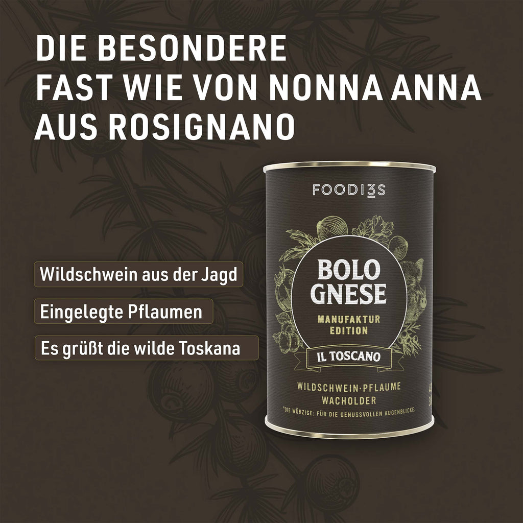 Can of Bolognese Il Toscano from the Manufaktur Edition against a brown background