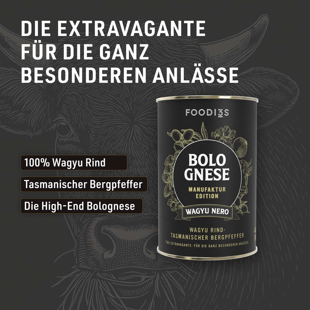 Can of Bolognese Wagyu Nero from the Manufaktur Edition against a dark grey background